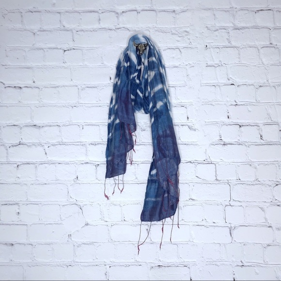 Accessories - Blue Shibori Dyed Scarf Fringe Silk Blend Unique